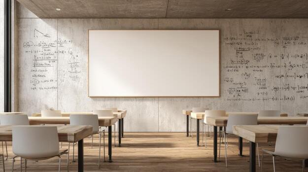 Modern Classroom with Blank Whiteboard and Mathematical Equations on Concrete Walls for Educational Concepts photo