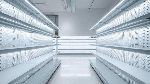 Empty Retail Shelves with LED Lighting in Modern Supermarket Awaiting Stocking of Products photo