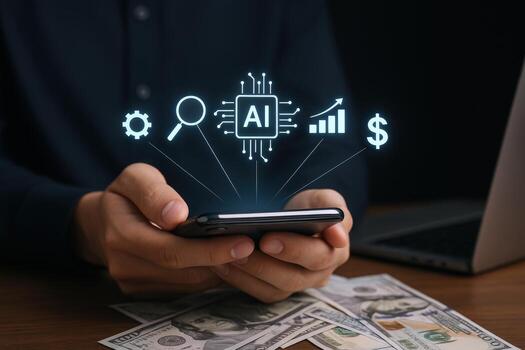 ai motorizado negocio crecimiento hombre participación teléfono inteligente analizando datos con artificial inteligencia para Finanzas y inversión foto