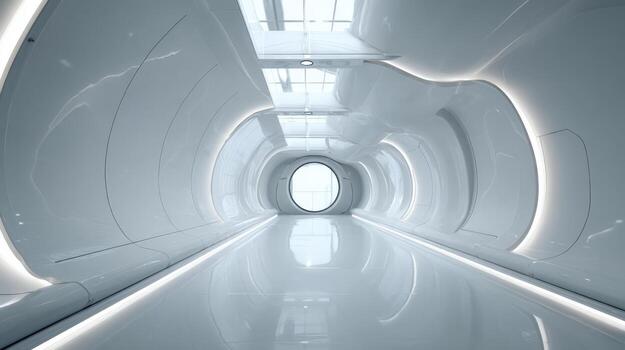 futurista blanco corredor con pulcro diseño y natural ligero esclarecedor el moderno interior arquitectura foto