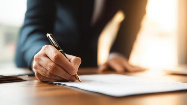 Close-up of businessmans hand signing a contract or writing document on the desk in office photo