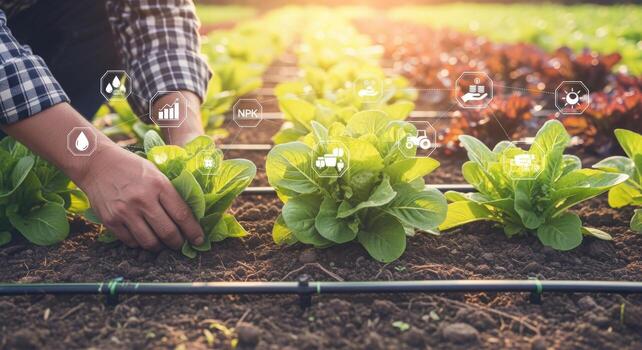 Smart Agriculture Farmer Inspecting Lettuce Crop with Digital Overlay Representing Modern Farming Technology and Sustainable Practices photo