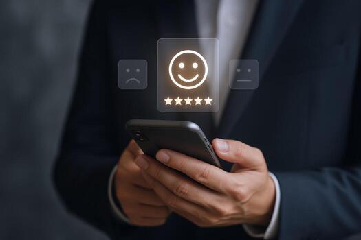 Customer Satisfaction Rating Experience Man Interacting with a Positive Feedback Interface on a Mobile Device photo