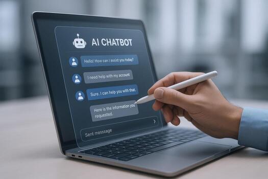 AI Chatbot Interface on Laptop Screen Displaying Conversation with Human Hand Using Stylus for Input photo