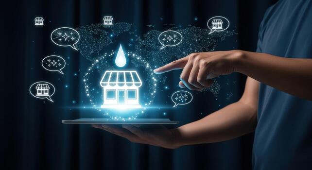 Franchise Expansion Concept Hand Holding Tablet with Hologram of Store Locations and Global Network photo