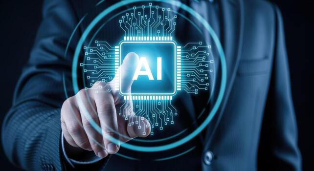 Artificial Intelligence Activation Businessman Interfaces with AI Circuitry, Signaling the Future of Technology and Innovation photo