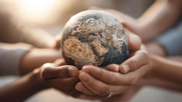 Hands United Holding Globe A Symbol of Global Unity, Hope, and Environmental Stewardship photo