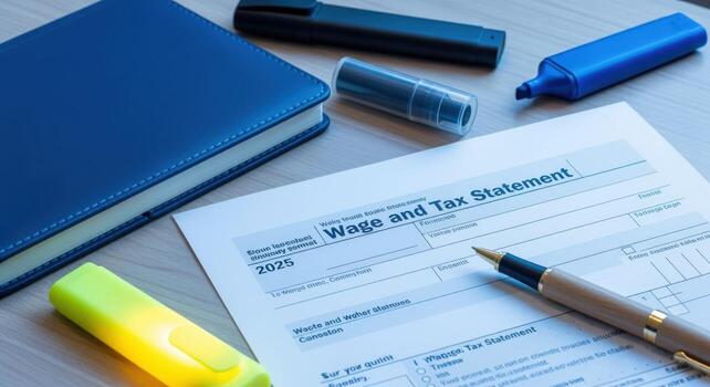 Tax Form Preparation Close-up of Wage Statement with Pen, Notebook, and Highlighters for Financial Planning photo