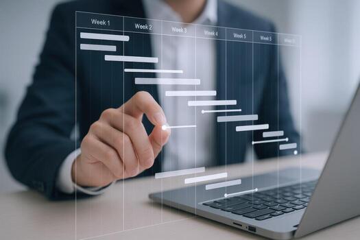 Project Management Gantt Chart Visualization on Laptop Business Planning, Timeline, and Progress Tracking photo