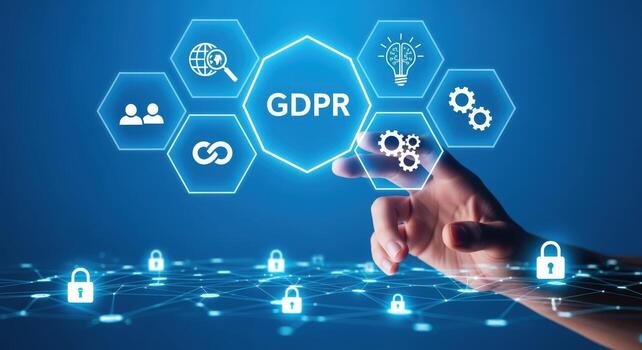 Data Protection Concept Hand Pointing on GDPR Symbol, Privacy Regulations, Compliance and Cyber Security photo