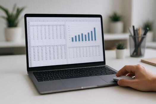 Financial Analysis on Laptop Screen with Bar Graph and Spreadsheets at Office photo