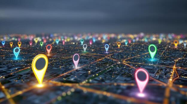 Cityscape at Night with Colorful Location Pins Marking Various Destinations and Points of Interest photo
