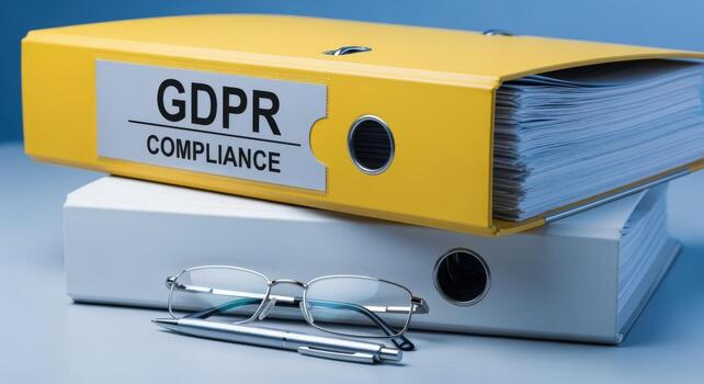 Compliance Folders with Eyeglasses and Pen Representing Regulatory Standards, Data Protection, and Governance photo