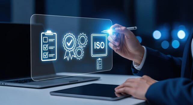 Quality Control ISO Standards Certification with Digital Interface on Laptop for Business Process photo