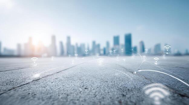 Cityscape with Wireless Communication Network Smart City Concept Featuring Connectivity and Modern Urban Infrastructure photo