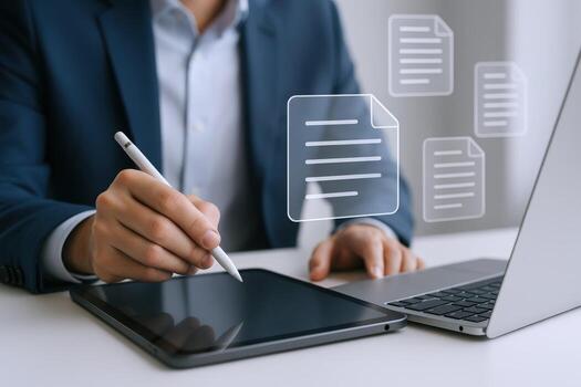 Digital Document Management Man Signs Online Contract Using Tablet and Laptop for Business Efficiency photo