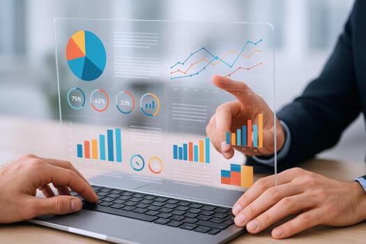 Business Intelligence Interface Analyzing Data Visualizations on Transparent Screen with Laptop for Strategic Decision Making photo