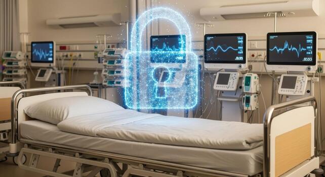 Hospital Bed with Digital Padlock Overlay Secure Healthcare Technology and Patient Data Protection Concept photo