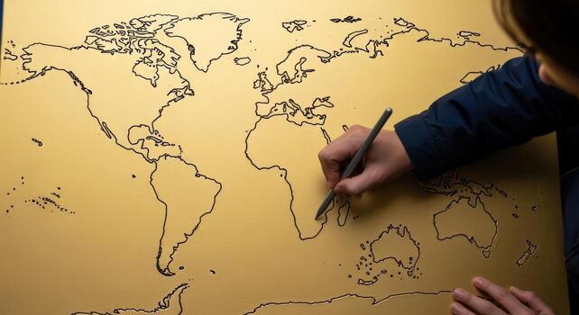 Drawing World Map on Gold Paper, Representing Global Connections and Cartography Skills with a Focused Artist photo