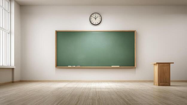 Empty Classroom with Chalkboard, Clock, and Lectern Ready for Students and Learning photo