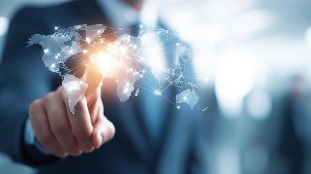 Global Business Network Man Touching a Digital World Map Interface, Representing International Connectivity and Technology photo