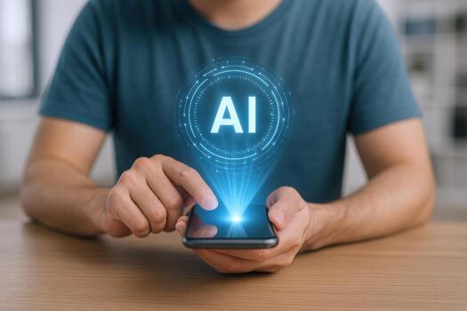 AI Hologram Projection from Smartphone Man Interacting with Artificial Intelligence on Mobile Device photo