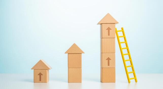 Conceptual Image of Growth Demonstrated by Increasing Heights of Wooden Block Houses with Rising Arrows photo