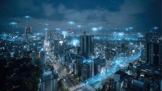 Futuristic Cityscape with Digital Network Overlay High-Tech Urban Innovation and Connectivity Concept photo