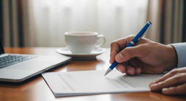 Signing Documents with Coffee Break Hand with Pen, Contract, Laptop, and Beverage on Wood Desk photo