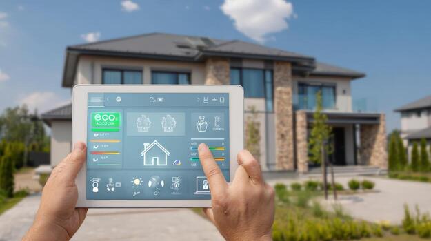 Smart Home Automation System Controlled by Tablet Device with House Exterior in Background photo