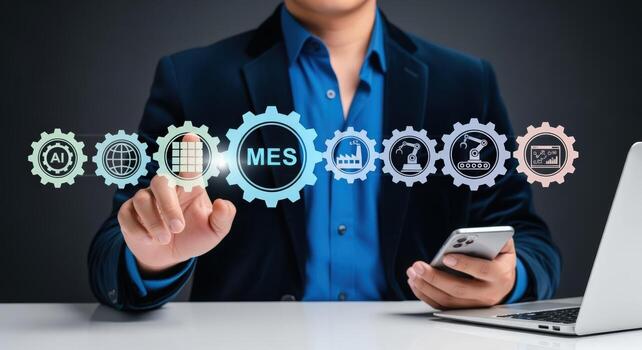 Manufacturing Execution System Concept Businessman Utilizing MES Interface for Streamlined Production and Automation Processes photo