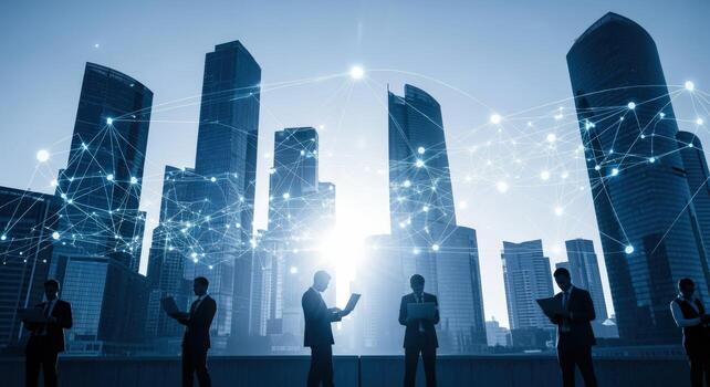 Business Professionals Networking in Modern Cityscape with Digital Connections, Representing Collaboration and Global Communication photo