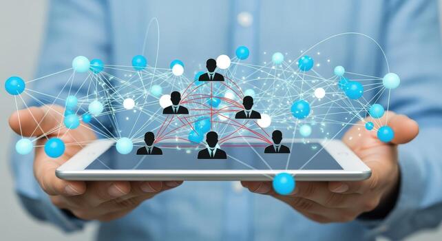 Digital Network Visualization Person Holding Tablet Displaying a Connected Business Structure and Global Communication photo