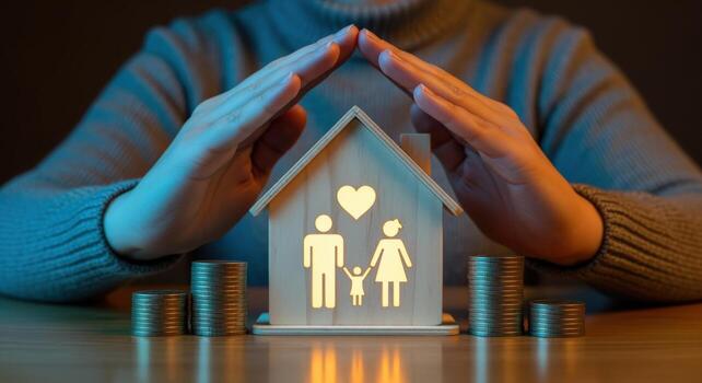 Protecting Family Home Hands Shielding House Model with Family Icon and Coins Representing Financial Security photo