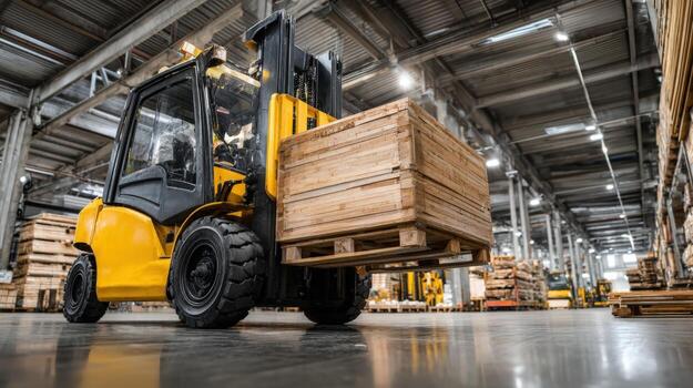 Forklift Transporting Wooden Pallet Boxes in Warehouse Environment for Distribution and Manufacturing Operations photo