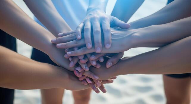 diverso grupo de personas apilado manos juntos como un símbolo de unidad y trabajo en equipo lograr éxito foto