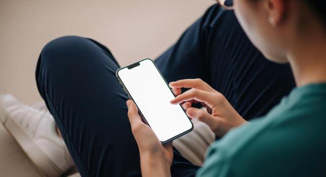 Person Using Mobile Phone with Blank Screen for App UI and UX Presentation photo