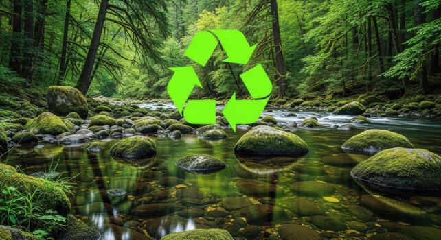 Recycle Symbol Over Tranquil Forest Stream Sustainable Environment Concept with Green Energy and Renewability photo