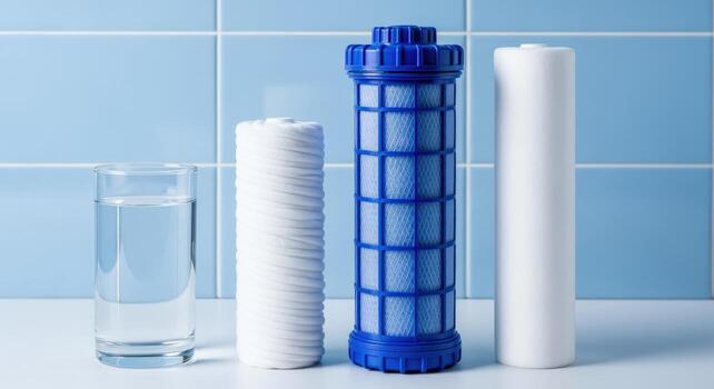 Water Filtration System Components Glass of Water, Sediment Filter, Carbon Filter, and Reverse Osmosis Filter photo