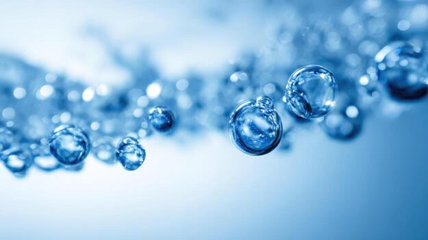 Macro View of Water Droplets Sparkling Liquid Bubbles on Blue Gradient Background, Illustrative of Freshness photo