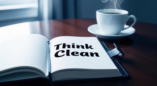 Think Clean Message in Open Notebook with Coffee Cup on Wooden Table in Morning photo