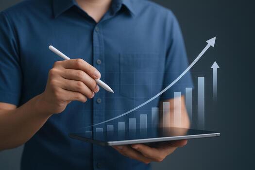 Financial Growth Concept Man Analyzing Increasing Chart on Tablet for Business Success and Investment photo