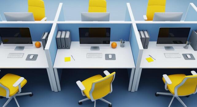 Modern Office Workstations with Computers and Yellow Chairs A Clean and Organized Workspace photo