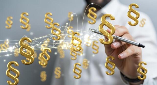 Justice System Concept Attorney Displays Floating Section Symbols, Representing Legal Framework and Jurisprudence photo