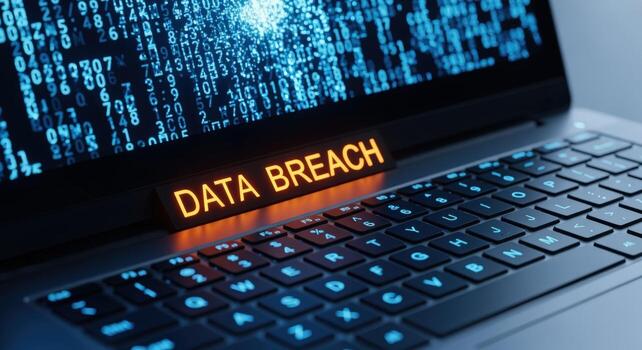 Data Breach on Laptop Screen with Binary Code Display, Illustrating Cybersecurity Threats and Information Leakage photo