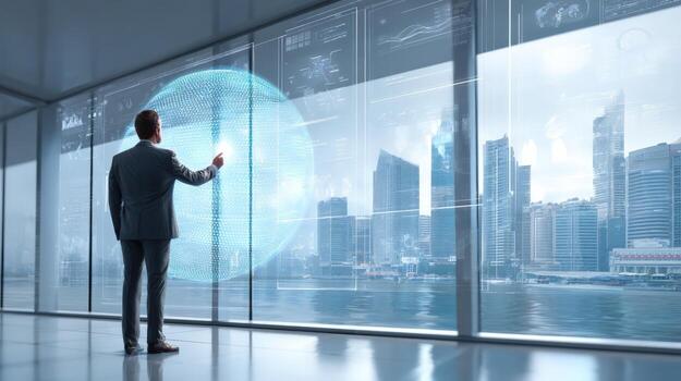 empresario interactuando con futurista interfaz en moderno oficina con ciudad vista, representando tecnología y innovación foto
