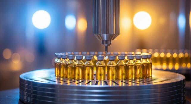 Automated Pharmaceutical Manufacturing Close-up of Vials Filled with Liquid on a Rotating Platform for Quality Control photo