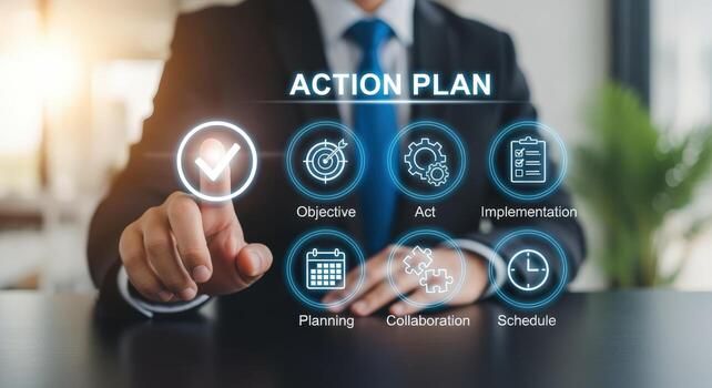 Action Plan Development Businessman Outlines Strategy with Digital Interface for Objectives, Collaboration, and Implementation photo