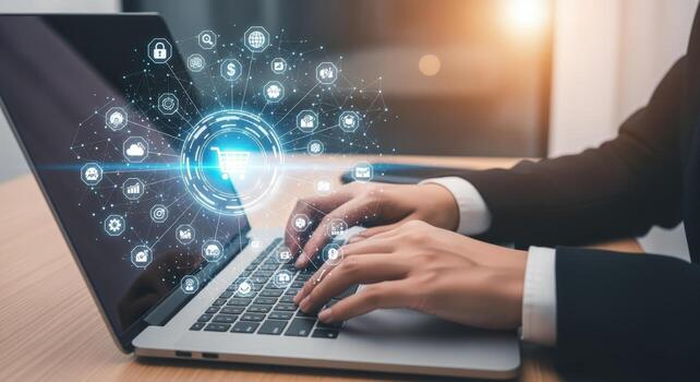 Professional Uses Laptop for Online Shopping with Abstract Cyber Security and Data Protection Interface photo