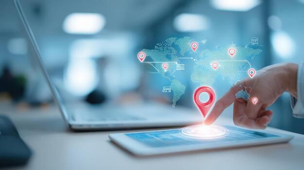 Global Connection Person Interacting with a Digital World Map on a Tablet, Representing Worldwide Communication photo